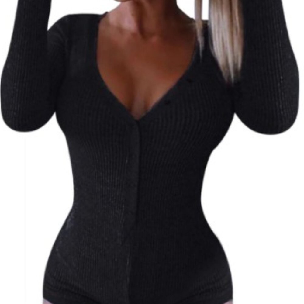 Black Long Sleeve Stretchy Sexy Short Onesie Pajamas For Adult Women